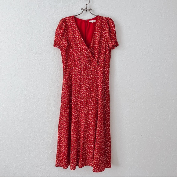 🚫Sold🚫 Dress Midi Wrap Floral Silk Puff Sleeve Red NWOT - Picture 2 of 9